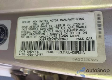 2003 Toyota Corolla Le из США, поврежденный, VIN 1NXBR32EX3Z062040